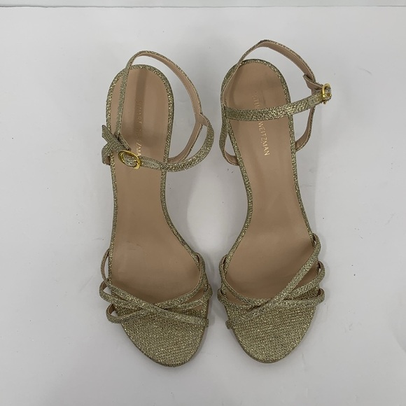 Stuart Weitzman Starla metallic sandal shoe heel gold glitter delicate strap 8.5 - Picture 5 of 6